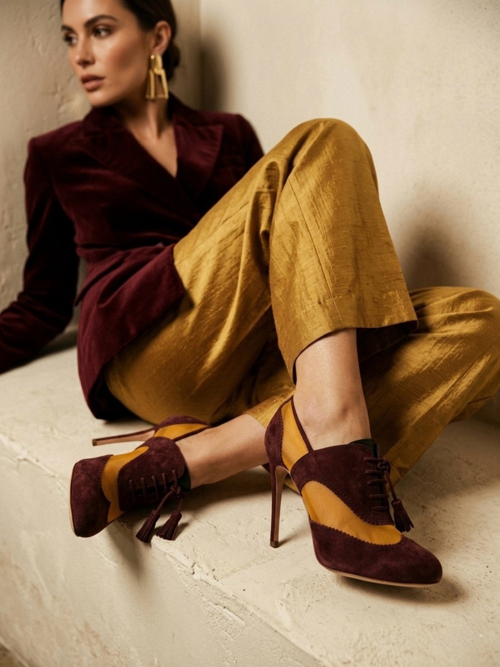 Rupert Sanderson Suede Mesh Lace Up Wingtip Oxford Pumps Burgundy Yellow 39.5